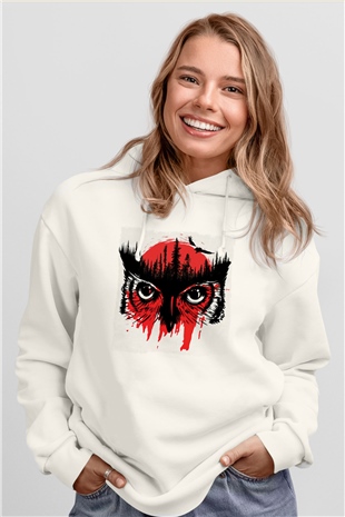 Baykuş Beyaz Unisex Kapüşonlu Sweatshirt