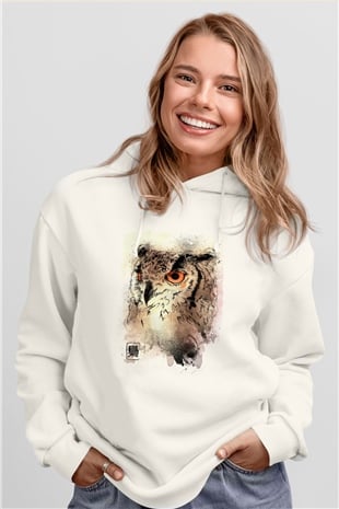Baykuş Beyaz Unisex Kapüşonlu Sweatshirt