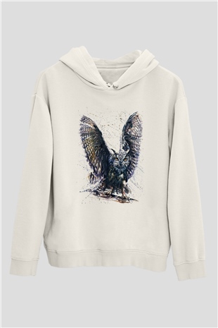 Baykuş Beyaz Unisex Kapüşonlu Sweatshirt