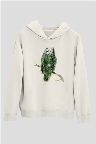 Baykuş Beyaz Unisex Kapüşonlu Sweatshirt