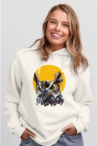 Baykuş Beyaz Unisex Kapüşonlu Sweatshirt