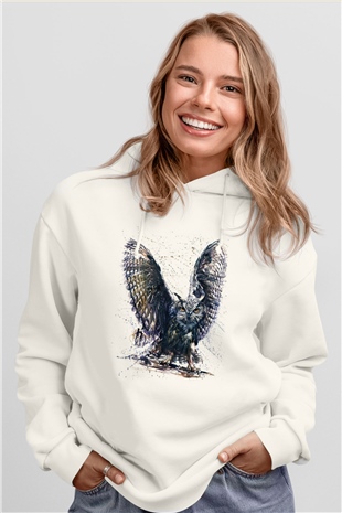 Baykuş Beyaz Unisex Kapüşonlu Sweatshirt