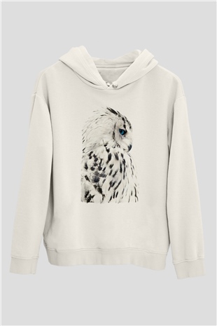 Baykuş Beyaz Unisex Kapüşonlu Sweatshirt