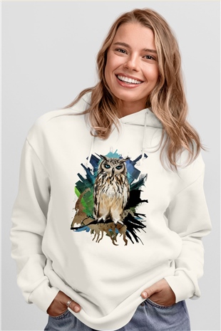 Baykuş Beyaz Unisex Kapüşonlu Sweatshirt