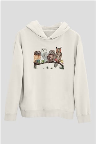Baykuş Beyaz Unisex Kapüşonlu Sweatshirt