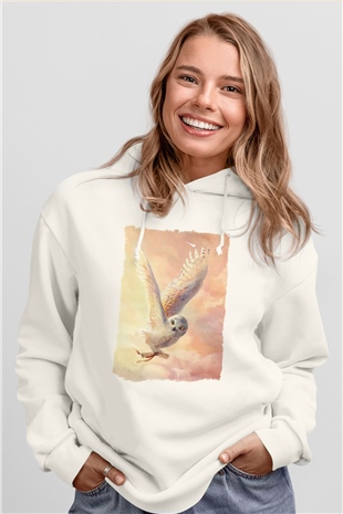 Baykuş Beyaz Unisex Kapüşonlu Sweatshirt