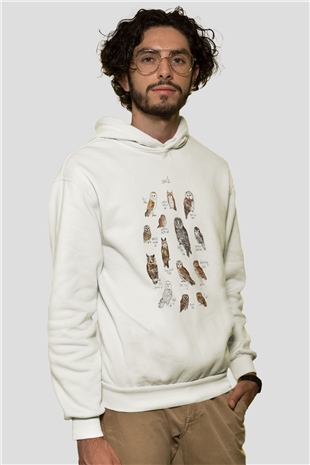 Baykuş Beyaz Unisex Kapüşonlu Sweatshirt