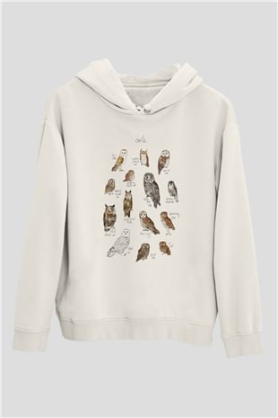 Baykuş Beyaz Unisex Kapüşonlu Sweatshirt