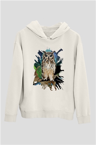 Baykuş Beyaz Unisex Kapüşonlu Sweatshirt