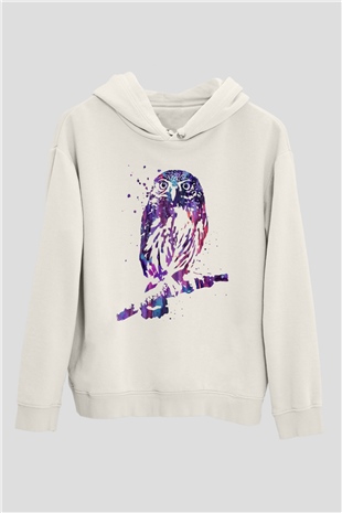 Baykuş Beyaz Unisex Kapüşonlu Sweatshirt