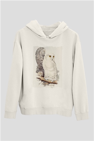 Baykuş Beyaz Unisex Kapüşonlu Sweatshirt