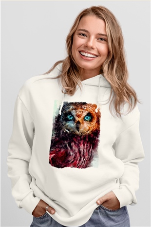 Baykuş Beyaz Unisex Kapüşonlu Sweatshirt