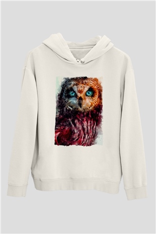 Baykuş Beyaz Unisex Kapüşonlu Sweatshirt