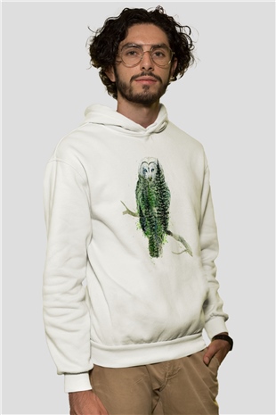 Baykuş Beyaz Unisex Kapüşonlu Sweatshirt
