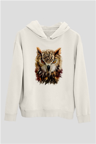 Baykuş Beyaz Unisex Kapüşonlu Sweatshirt