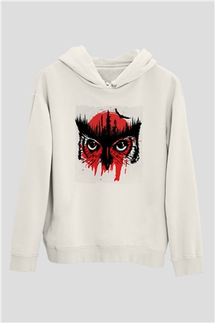 Baykuş Beyaz Unisex Kapüşonlu Sweatshirt