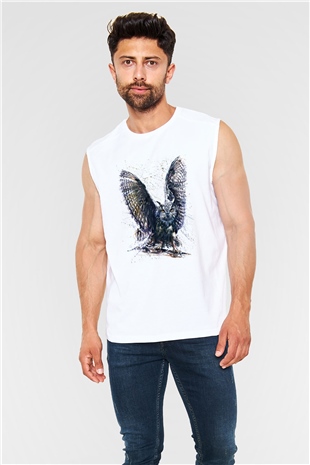 Baykuş Beyaz Unisex Kolsuz Tişört