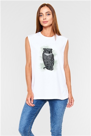 Baykuş Beyaz Unisex Kolsuz Tişört