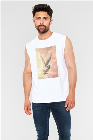 Baykuş Beyaz Unisex Kolsuz Tişört