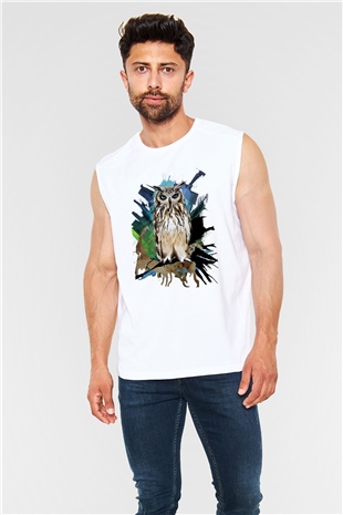 Baykuş Beyaz Unisex Kolsuz Tişört