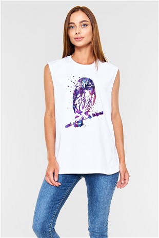 Baykuş Beyaz Unisex Kolsuz Tişört