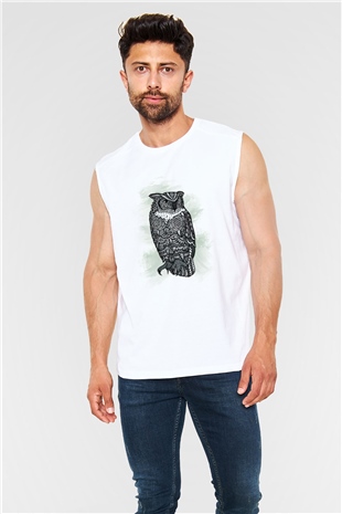Baykuş Beyaz Unisex Kolsuz Tişört