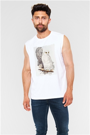 Baykuş Beyaz Unisex Kolsuz Tişört