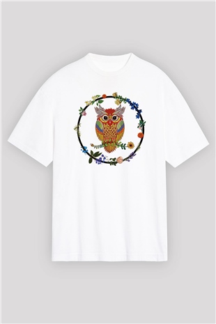 Baykuş Beyaz Unisex Oversize Tişört T-Shirt
