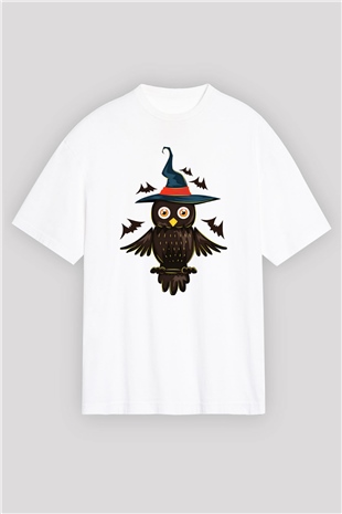 Baykuş Beyaz Unisex Oversize Tişört T-Shirt