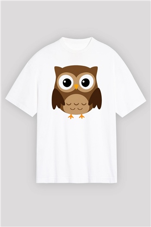 Baykuş Beyaz Unisex Oversize Tişört T-Shirt