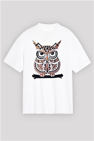 Baykuş Beyaz Unisex Oversize Tişört T-Shirt
