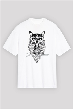 Baykuş Beyaz Unisex Oversize Tişört T-Shirt