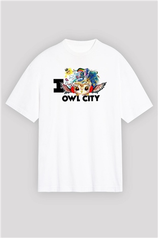 Baykuş Beyaz Unisex Oversize Tişört T-Shirt