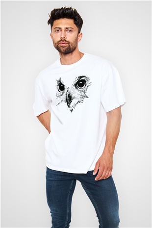 Baykuş Beyaz Unisex Oversize Tişört T-Shirt