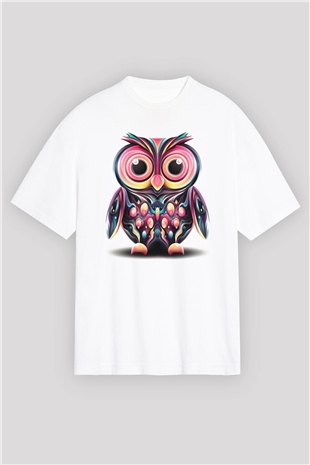 Baykuş Beyaz Unisex Oversize Tişört T-Shirt