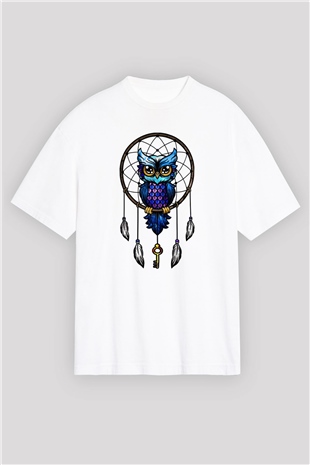 Baykuş Beyaz Unisex Oversize Tişört T-Shirt