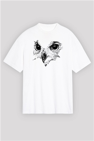 Baykuş Beyaz Unisex Oversize Tişört T-Shirt