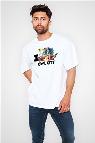 Baykuş Beyaz Unisex Oversize Tişört T-Shirt