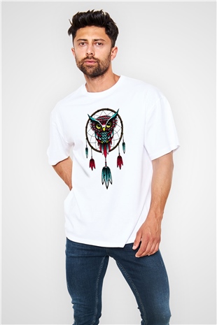 Baykuş Beyaz Unisex Oversize Tişört T-Shirt