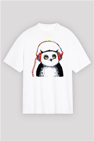 Baykuş Beyaz Unisex Oversize Tişört T-Shirt