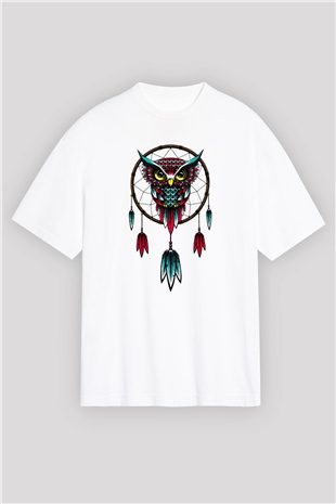 Baykuş Beyaz Unisex Oversize Tişört T-Shirt