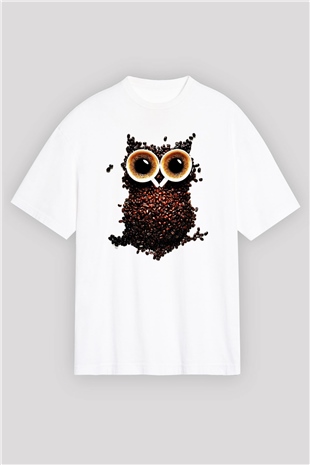 Baykuş Beyaz Unisex Oversize Tişört T-Shirt