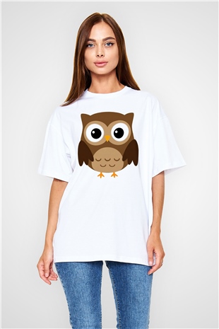 Baykuş Beyaz Unisex Oversize Tişört T-Shirt
