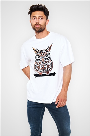 Baykuş Beyaz Unisex Oversize Tişört T-Shirt