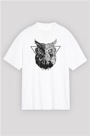 Baykuş Beyaz Unisex Oversize Tişört T-Shirt
