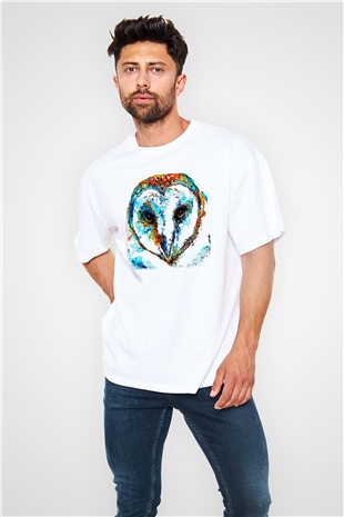 Baykuş Beyaz Unisex Oversize Tişört T-Shirt