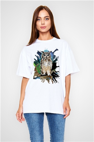 Baykuş Beyaz Oversize Tişört Oversize T-shirt - TişörtFabrikası