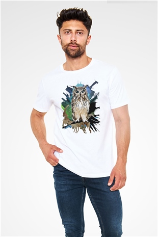 Baykuş Beyaz Unisex Tişört T-Shirt - TişörtFabrikası