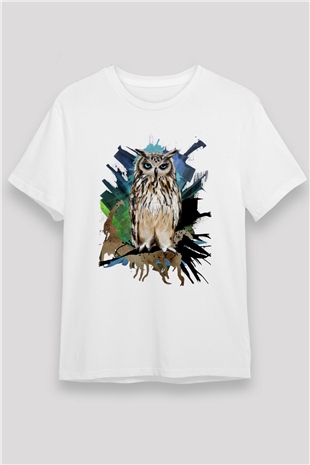 Baykuş Beyaz Unisex Tişört T-Shirt - TişörtFabrikası