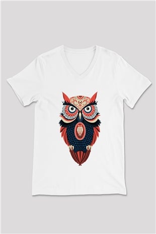 Baykuş Beyaz Unisex V Yaka Tişört